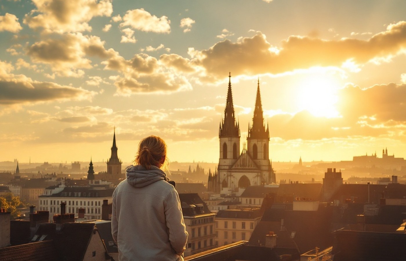 A golden-hour rooftop view over a European capital